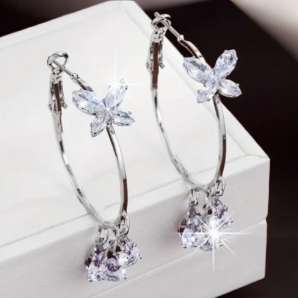 Elegant Silver Butterfly Hoop Earrings - Picture 4 of 8